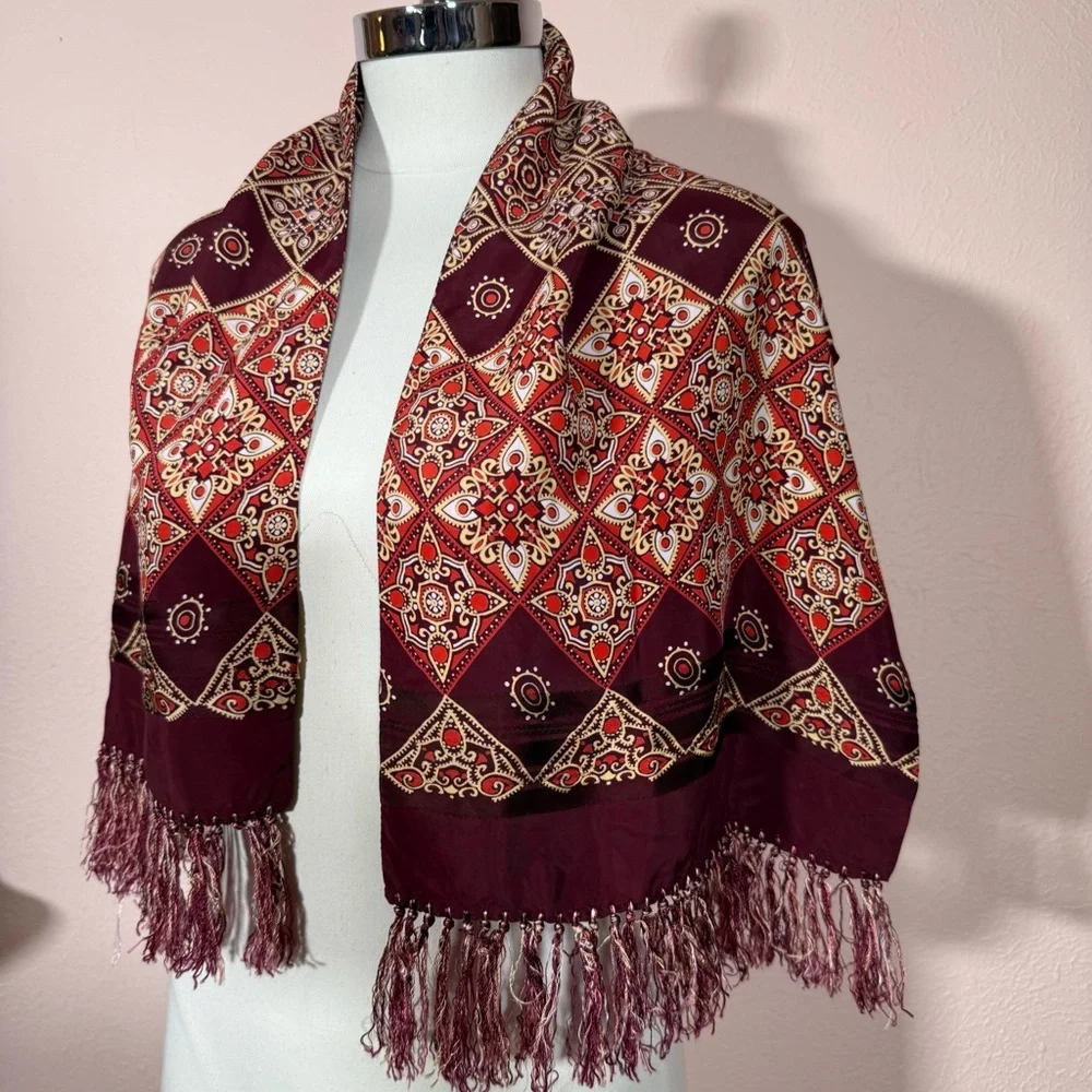 Vintage 1970’s Burgundy art deco Geometric Patterned Fringed Cravat Scarf